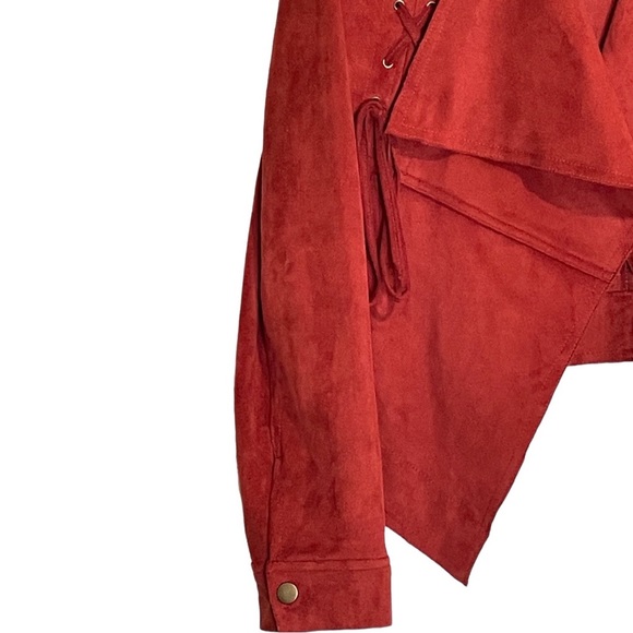 Miss Me Burnt Orange Faux Suede Drapey Collared Short Open Front Western Jacket - Picture 9 of 14